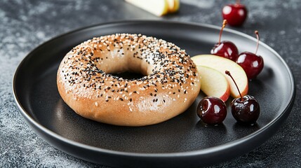 A plain bagel resting on a black ceramic plate, with minimalist decor featuring slices of apple and a small handful of cherries