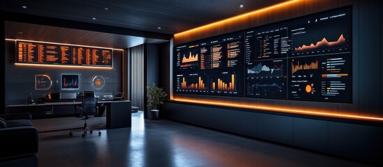 Wall Mural - modern office interior with a large screen displaying financial data.