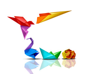 Transformation And Success  or transform And Succeed changing and growing for success as a business leadership and change metaphor as creativity as paper transforming into a jet airplane.