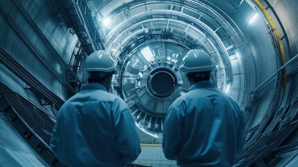 two engineers wearing safety helmets work on high-tech machinery in a nuclear plant. industrial envi