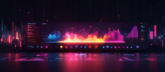 Wall Mural - futuristic digital interface with glowing charts, data visualizations and lines in vibrant colors on