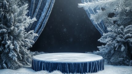 Poster - A serene winter scene features a circular stage surrounded by frosted trees and deep blue velvet curtains. Snow gently falls, creating a magical atmosphere perfect for a winter event or performance.