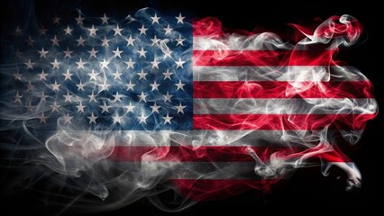 The american flag is waving and blending with colorful smoke on a black background