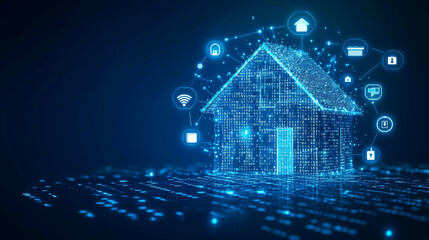 A blue background shows a house made of numbers, connected to icons of smart home devices. This image represents how smart technology controls your home, with everything connected to the internet.