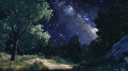 Wall Mural - vivid night sky full of stars in a woods setting