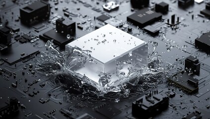 A clear cube sits on a circuit board, with water splashing out in all directions.