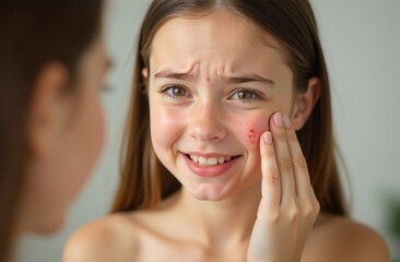 Wall Mural - A teenager of 12-14 years old looks in the mirror at a face with pimples and acne, upset. Transitional age, teenage problems