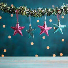 Tinsel stars hanging from garland, creative holiday touch