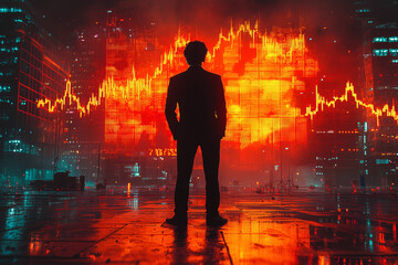 Wall Mural - A businessman standing in front of a downward-trending stock chart, symbolizing the loss of wealth and value. Concept of business.