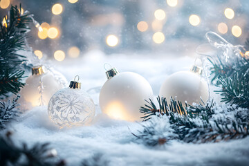 Canvas Print - Christmas white decorations on snow with fir tree branches and christmas lights. Winter Decoration Background