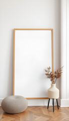 A large wooden frame with cozy decor elements, perfect for creating a warm and inviting space.