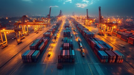 Aufkleber - The bustling shipping port comes alive at night with stacked shipping containers and towering cranes lit up by bright lights. Vehicles move through the organized chaos.