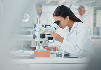 Aufkleber - Scientist, woman and check with microscope in lab for disease experiment, medical study and dna process. Researcher, biotech and molecule exam of engineering, vaccine research and healthcare solution