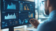 © ImageKing - A businessman is using a dashboard to track his company's performance. The dashboard shows graphs and numbers that represent key financial information, like earnings, operations, and sales.