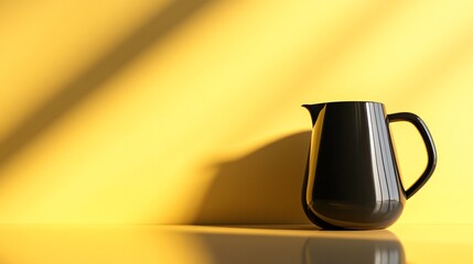 A matte black electric kettle on a pastel yellow surface, minimalist and clean reflections casting soft shadows