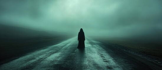 A mysterious figure walks down a road shrouded in fog.