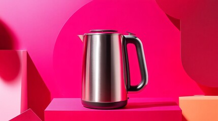 A stainless steel electric kettle on a bright magenta background, surrounded by clean lines and minimalist geometric shapes