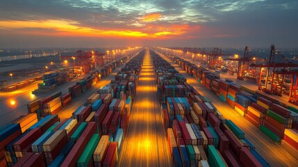 Aufkleber - At a bustling port, rows of cargo containers stretch towards the horizon as sunset paints the sky in rich hues. The lights from cranes and storage areas enhance the scene.