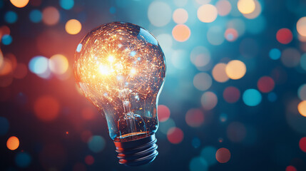 glowing light bulb surrounded by colorful bokeh lights symbolizes creativity and innovation. vibrant colors and sparkling effect create sense of inspiration and high tech ideas