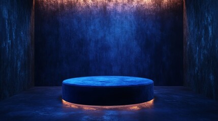 Fototapete - A circular stage in a dim room, with deep blue walls and warm orange lights, creates a serene and artistic atmosphere perfect for performances or exhibitions.