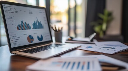 financial reports and graphs on a desk with a laptop, showcasing data analysis and business strategy.