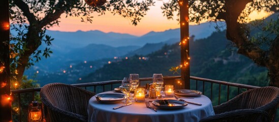 Romantic dinner for two with mountain views at sunset.