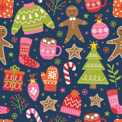 Wall Mural - christmas background with colourful cute hand drawn decorations. seamless pattern design. vector ill