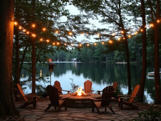 Cozy lakeside gathering under a string of lights with a warm fire at dusk, inviting relaxation and connection in nature