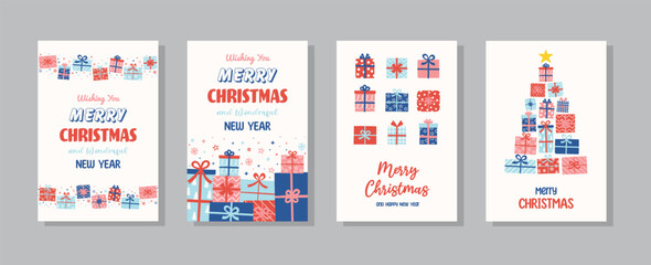 Canvas Print - Collect of Colourful Christmas greeting cards with cartoon gift boxes. Vector illustration