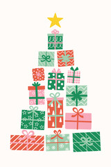 Wall Mural - Christmas background with cute hand drawn tree made of gift boxes. Vector illustration