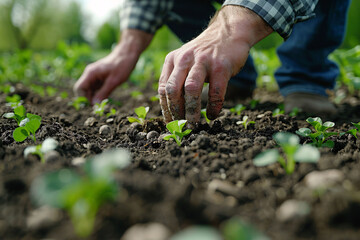 A pair of hands carefully plants young seedlings into fertile earth on a sunny day in a garden, surrounded by vibrant green plants striving for growth.