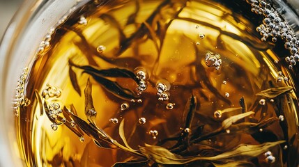 Wall Mural -   A close-up image of a bowl filled with water that has several large bubbles on its surface Below, there are green leaves floating in the water