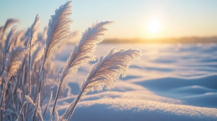 Wall Mural - A serene winter landscape featuring frosted grass against a sunrise, casting golden light over a snowy field.