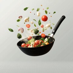 Vegetables fall into a black frying pan on a transparent background. Healthy food concept