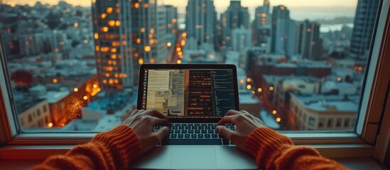 Wall Mural - person working on laptop with a city view from a window.