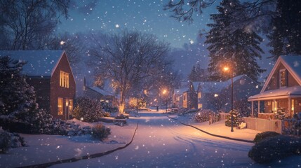 Aufkleber - The cozy neighborhood is blanketed in fresh snow as gentle flakes fall from the sky. Street lamps illuminate the scene, highlighting quaint homes and the serene beauty of winter at dusk.