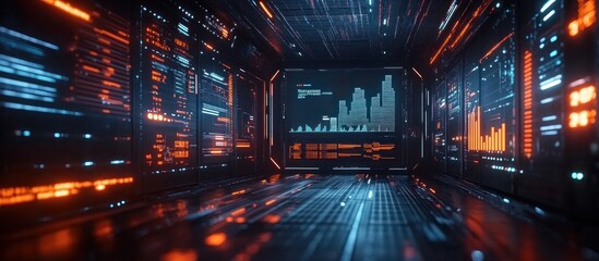 Wall Mural - Futuristic corridor with glowing screens displaying data and graphs.