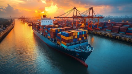 Aufkleber - The cargo ship moves through the port, transporting colorful containers as the sun sets, illuminating the sky with warm hues. Cranes tower over the bustling dock area.