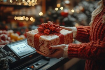 A woman in a red sweater holds a Christmas gift wrapped in festive red paper and glittering ribbon at a checkout counter. Warm lights and holiday décor surround her.