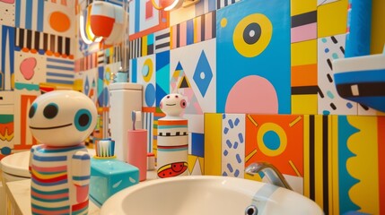 This lively bathroom features a bold geometric patterned wallpaper a collection of quirky robot towels and a set of funky toothbrush holders shaped like aliens.