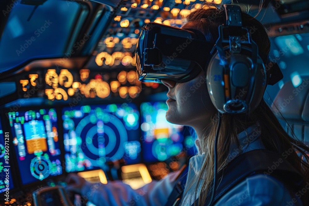A pilot engages in an advanced flight simulation, wearing a virtual reality headset while surrounded by an array of illuminated cockpit instruments, showcasing immersive training technology