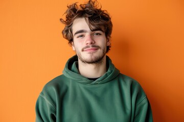 Casual Young Man in Green Hoodie Against Bright Orange Background for Contemporary Portrait Design