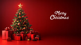 beautifully decorated Christmas tree with glowing lights and star on top stands surrounded by red gift boxes against rich red background, evoking festive and joyful atmosphere