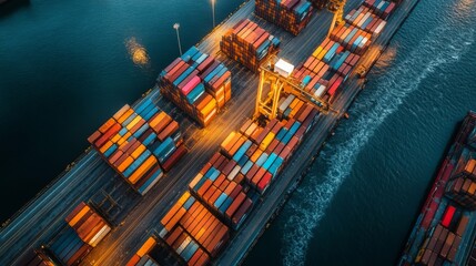 Aufkleber - Colorful shipping containers are neatly stacked at a busy port, illuminated by strategic lighting, creating a vibrant contrast against the twilight sky and reflecting on the water.
