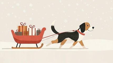 Wall Mural -   A dog towing a sled full of gifts and a sleigh with a dog as its passenger