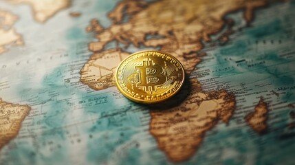 Golden bitcoin physical coin is placed on top of a world map showing all continents