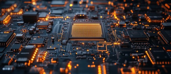 Wall Mural - close up of a circuit board with a glowing cpu in the center.