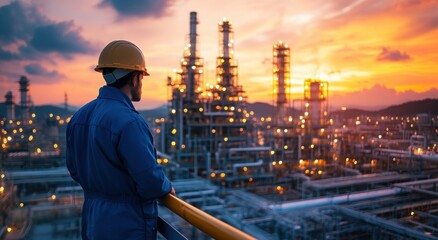 Male worker in hard hat observes industrial refinery at sunset, emphasizing industry and infrastructure.