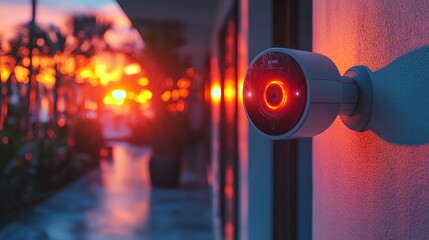 Security camera with a red light during a vibrant sunset, capturing the essence of modern safety technology.