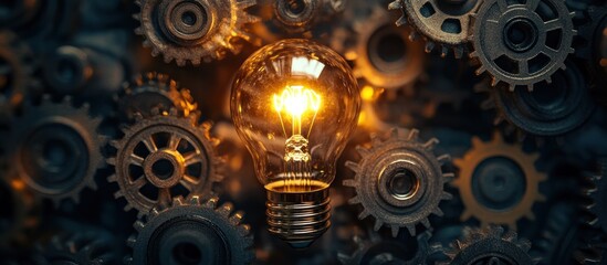 Wall Mural - a glowing lightbulb surrounded by cogs, representing innovation, creativity and inspiration.